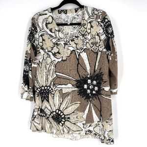 Lulu-B Women's Small 3/4 Sleeve Asymmetric‎ Floral Print Retro Small Artsy Tan